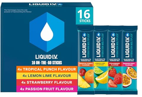 Liquid I.V. Hydration Multiplier Electrolyte Mix, Variety Pack, 16 Sticks | Lemon Lime, Passion Fruit, Strawberry, Tropical Punch Electrolytes with 7 Vitamins & Minerals for Fast Hydration & Energy