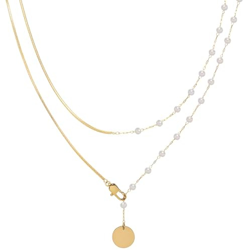 Verstellbare Damen-Halskette mit 81,3 cm (32 Zoll) Titan-Kette, doppellagiges Design mit Kunstperlen, perfekt für Hochzeiten und Freizeitkleidung, Einheitsgröße, Titanstahl, kein Edelstein
