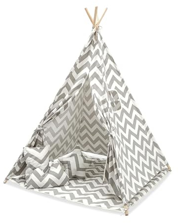 BAABLA Kids Teepee Tent with Cushions & Carry Bag – Foldable Cotton Canvas Play Tent with Window – Indoor & Outdoor Playhouse for Boys & Girls
