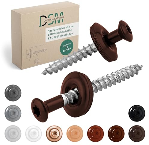DSM | Lot de 200 vis étanches marron noyer 4,5 x 60 mm | Acier inoxydable A2 – Laqué RAL 8011 | Avec rondelle d'étanchéité EPDM (15 mm) | Entraînement TX | Conforme à la norme DIN 7995/DIN 9171 | Vis