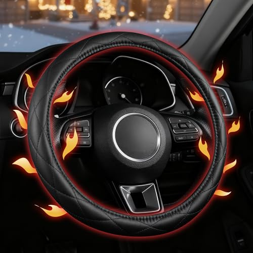 Heated Steering Wheel Cover – PU Leather 12V Car Wheel Heater with Overheat Protection, Rapid Heating, Universal Fit 14.5–15.5 for Cars & Trucks (Black)