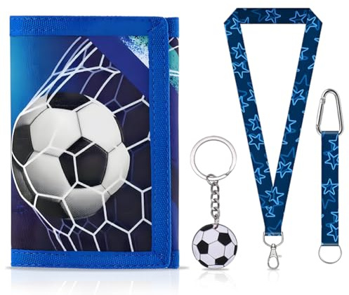 OPVXZAD Portafoglio per Bambini, Modello di Calcio, Portafoglio Pieghevole con Cinturino e Portachiavi da Calcio, Regalo di Compleanno per Ragazzo e Ragazza, Regalo di Natale, Blu
