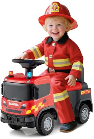 COSTWAY Camion de Pompiers Porteur Enfant avec Volant & Klaxon & Sirènes, Voiture à Pousser Enfant avec Lumières & Musique, Coffre à Jouets, Charge 23 kg pour Garçons Filles de 18+ Mois (Rouge)