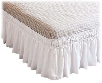MINZHI Cache-sommier en tissu élastique - 203 x 153 x 40 cm - Cache-sommier avec volants - Jupe de lit blanche - Avec ourlet - Convient pour lit double et lit simple