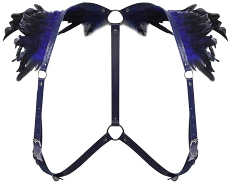 Sywiyi Gothic Piuma Colletto Shrug Top Similpelle Cintura Spalla Harness Lingerie Halloween Gothic Abbigliamento Accessori Blu Taglia unica