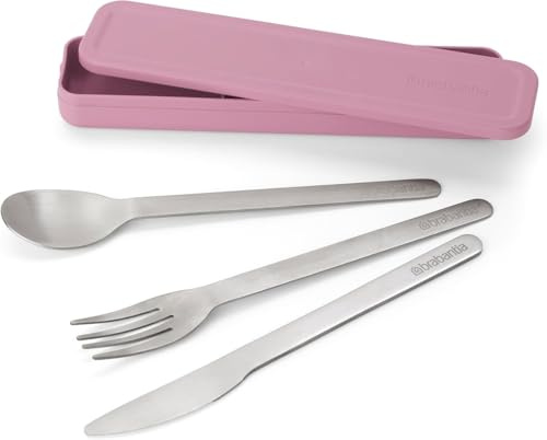 Brabantia - Make & Take Cutlery Set with Case - Pack of 3: Cutlery Knife, Spoon, & Fork - Hygienic Compact Design - Stainless Steel - Dishwasher Safe - Travel Cutlery Set for 1 Person - Lilac Pink