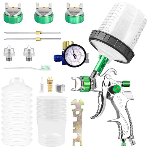 HVLP Lackierpistole Druckluft Set mit Manometer, 3 Düsen 1,4/1,7/2,0 mm