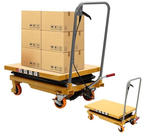 Carrello elevatore idraulico a doppia forbice resistente, dispositivo di sollevamento manuale con 4 ruote e protezione posteriore di sicurezza, capacità 200 kg per uso in magazzino e officina