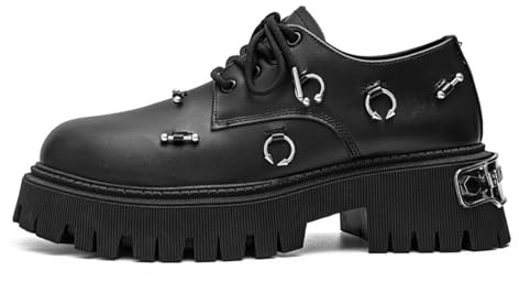 Fashion Back Oxford Shoes for Men's Round Toe Platform Chunky Heel Lug Sole Non Slip Gothic Metal Studs Dress Derby Shoes for Party Street (Black,9)