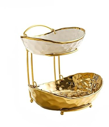 Kiss Me 2 Tier Fruit Bowl Ceramic Stand, Kitchen Counter Fruit Basket | Durable Ceramic And Metal, 2 Tier Design Saves Space, Ideal For Fruit, Snacks, Nuts