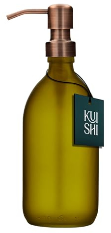Kuishi 500ml Green Matte Glass Soap Dispenser with Bronze Stainless Steel Pump – Refillable BPA-Free Shampoo and Conditioner Dispenser - Hand Soap Bottle for Kitchen & Bathroom