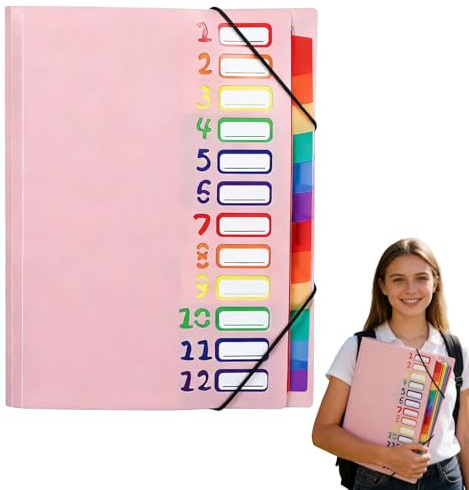 Fächermappe A4, Mappen Ordnersystem mit 12 Fächern PP Kunststoff | Ordnungsmappe Dokumentenmappe A4, Pultordner mit Gummizug Wasserdicht Ordnungsmappe für Schule Bürobedarf (Rosa)