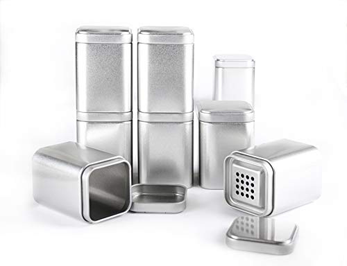 8 Spicebar Gewürzdosen Eckig Set mit Aromadeckel + 8 Etiketten + 4 Streueinsätze, Aromadose Maße: 8x6x6 cm