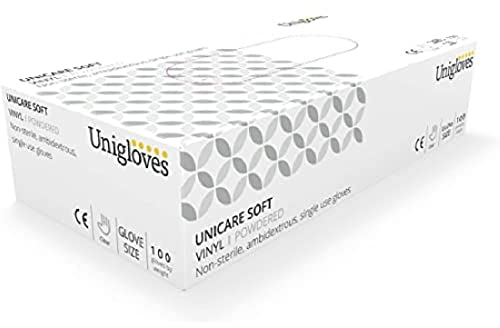 Unigloves Unicare Blue Vinyl Single Use Gloves - Multipurpose, Lightly Powdered, Latex Free, Disposable - Box of 100, Extra Large (GS0095)