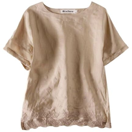 Minibee Women's Summer Linen Tunic Shirt High Low Hem Embroidery Blouse Top Light Khaki XXL