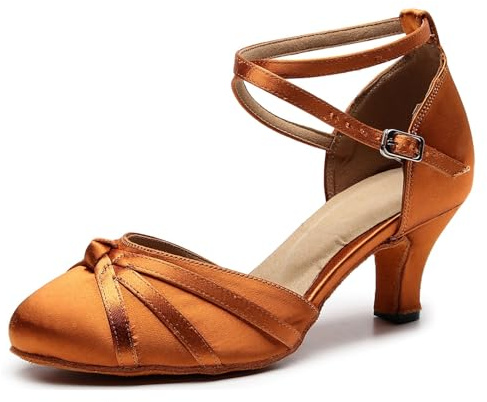 MINITOO Latinamerikansk salsa ankelrem stängd tå satin dansskor, L117a brons 6 cm klack, 39.5 EU