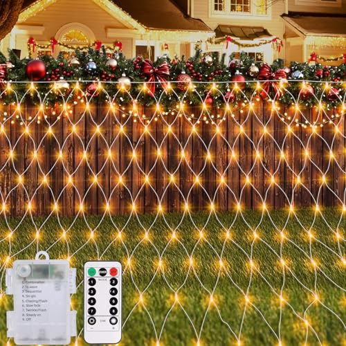 echosari Christmas Net Lights Battery Operated, 100 LED 5FT x 5FT Net Lights Outdoor with Remote Timer, Bush Mesh Light for Xmas Tree Garden Yard Decor (Warm White)