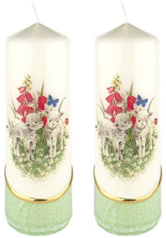 Meissner-Handel Auswahl * 2 Stück Osterkerze Stumpenkerze Osterdeko * 6 x 18 cm * mit farbigen Wachs- und Bildauflagen * Auswahl Motiv + Farbe * grün * (Serie 3 - Set 10/10)