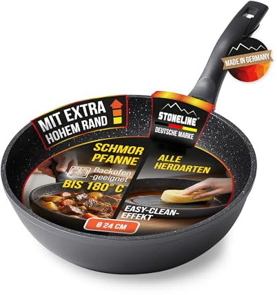 STONELINE Made in Germany Schmorpfanne 24 cm, hoher Rand, Induktion, hohe Pfanne für öl- und fettfreies Braten, antihaft beschichtet mit echten Steinpartikeln, schwarzer Griff