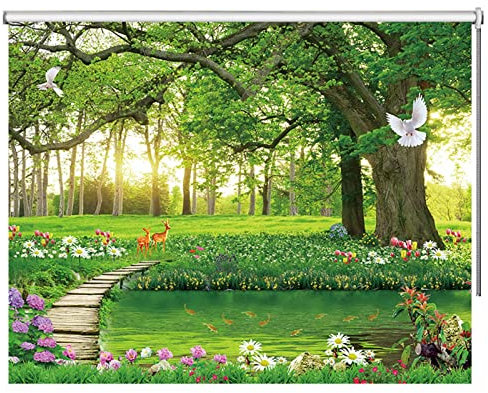 HWF Verdunkelungsrollo Rollo Grüner Wald Gemustert Blackout Rollo, Wasserdicht Rollos für Kinderzimmer Schlafzimmer Badezimmer Küche, 60cm/ 80cm/100cm/ 120cm/140cm breit