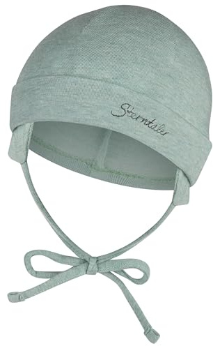 Sterntaler OCS Beanie mit Umschlag – Mütze aus Melange-Singlejersey (Bio) mit Ohrenklappen, Bindeband & Stickmotiv – Unisex Baby Übergangsmütze – steingrün, Gr. 45