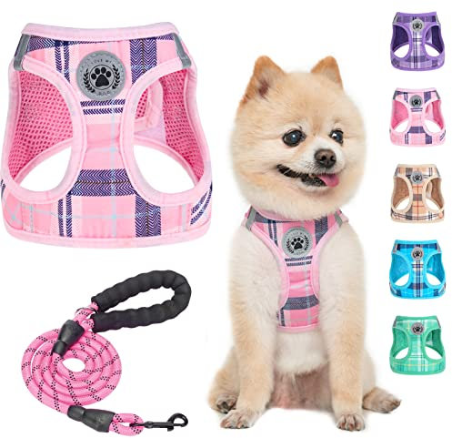 BEAUTYZOO Step-in No Chock No Pull Dog Harness & Leash Set w/ Reflective Strap - Soft Mesh Puppy & Cat Harness - Plaid Dog Vest for Extra-Small/Medium Pets - Pink S