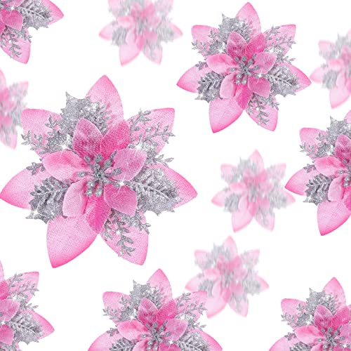 36 Stück Glitzer Künstlich Weihnachtsstern Blumen Weihnachten Poinsettie Künstlich Hochzeit Blumen Dekoration Weihnachtsbaum Ornamente mit Clips, 6 Zoll, 4 Zoll, 3 Zoll (Rosa und Silber)
