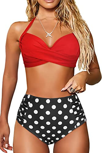JFAN Costume da Bagno Donna Vita Alta Costumi Piscina Due Pezzi Imbottito Push Up Beachwear Reggiseno Bikini Donna Mare,Rosso + Pois M