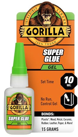 Gorilla Super Glue Gel, Fast-Setting, Thicker Controlled Formula, Anti-Clog Cap, Versatile Cyanoacrylate Glue, Clear, 0.53oz/15g, (Pack of 1), 112441
