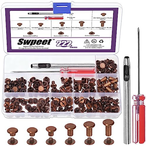 Swpeet Lot de 110 rivets Chicago en bronze rouge pour réparation de cuir 6 tailles M5 x 4 mm/5 mm/6 mm/8 mm/10 mm/12 mm
