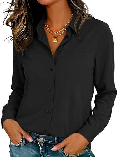 COUXILY Womens Black Button Up Shirt Wrinkle-Free Long Sleeve Collared Business Office Blouses Wear Comfy Dressy Tops (Black, L)