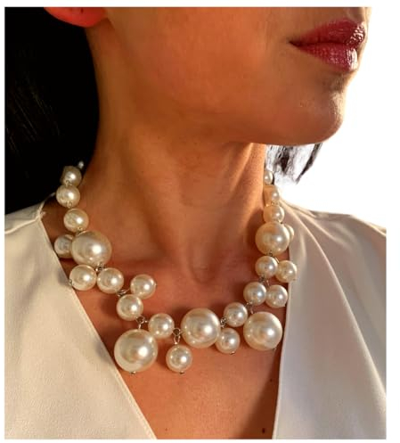 ONDEGO® XXL Perlenkette Damen – Auffällige Halskette mit Perlen in Ivory Silber – Elegante Schmuck Kette für Hochzeit Kommunion Abiball Ball & festliche Anlässe
