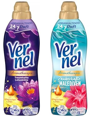 VERNEL Weichspüler-Set 2x 37 Waschladungen (74WL) Aromatherapie 1x Traumhafte Lotusblüte & 1x Zauberhafte Malediven, langanhaltender Wäscheduft mit ätherischen Ölen für 24/7 Frische