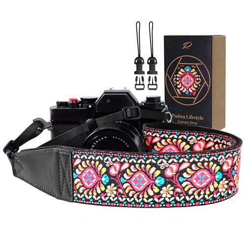Padwa Lifestyle Kameragurt - 2“ Vollnarbenleder Kameragurte für Fotografen, Vintage bestickt Baumwollgewebe weiches Wildleder Stoff gepolstert Riemen Schnellspanner passt alle Kameras - Rote Blume