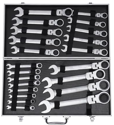 NIGORIY Gabelringschlüsell Satz, 22 Tlg Schraubenschlüssel Set, 6-32mm Maulschlüssel Set, Wrench Werkzeug 180° Schwenbarer Ratschen-Ringkopf, Ringschlüssel mit Schachtel