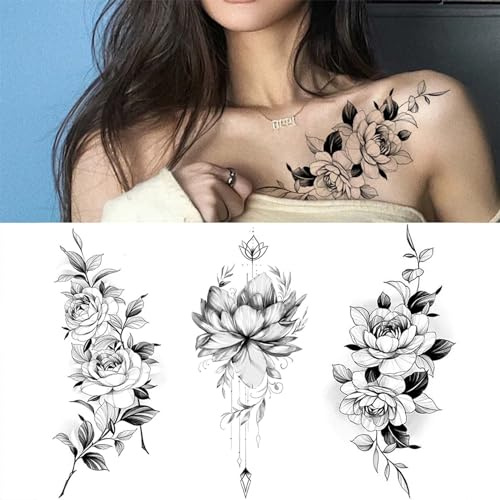 Temporäre Tattoos Erwachsene, 3 Blätter Lange Blumen Rebenblätter Pflanze Tattoo für Frauen, 3D Rose Schwarze Klebetattoos, Wasserfeste Tattoo Aufkleber Arm & Taille & Fuß, Persönlichkeit Fake Tattoos