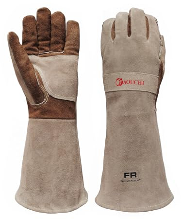 AOUCHI Leather Welding BBQ Fire Gloves, Fireproof Heat-Resistant Long Sleeve Mitts for TIG/MIG, Log Wood Burners, Firefighting, Barbecue, Fireplace, Oven, Stove, Grill, Animal Handling (Large)