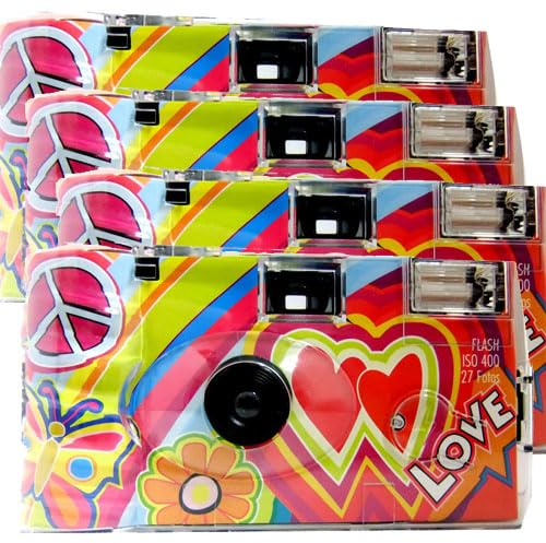 PHOTO PORST Lot de 4 appareils photo jetables 1 A avec flash, piles et film Motif arc-en-ciel avec cœurs, 27 prises