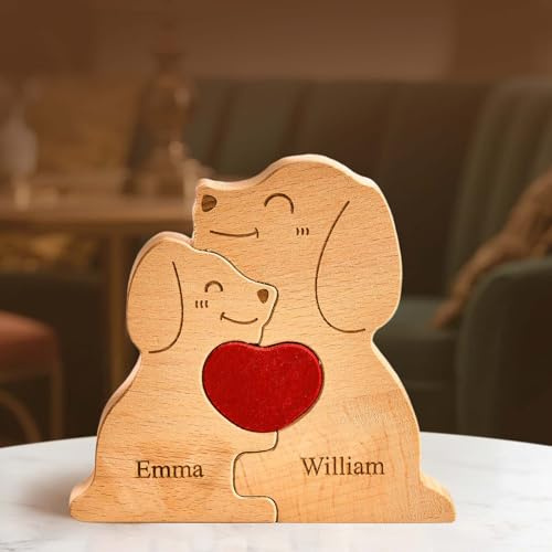 Personalisierte Puzzle mit Namen, Hundefamilie Holzpuzzle Skulptur Familienpuzzle mit 2-5 Hunde, Holzfiguren Personalisierte Geschenke für Familie Mama Papa zum Muttertag Geburtstag,Home Ornament