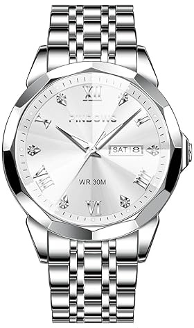 PINDOWS Orologi uomo diamante business abito analogico al quarzo acciaio inossidabile impermeabile data di luce bicolore lusso casual orologio da polso, Quadrante nero cinturino argento