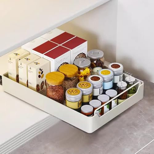 Teleskopschublade, Ausziehbare Schublade Küche, Küchenschrank Organizer, Aufbewahrungsregale Für Küchenschränke Mit Klebefolie, Schrankauszug (30cm B X 43cm T X 7cm H), Kein Bohren Und Nageln, Weiß