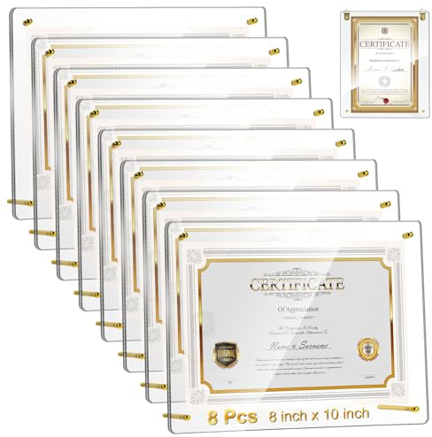 Thyle 8 Pcs Acrylic Photo Frame 8x10'' Clear Floating Picture Frame Frameless Photo Display Memories Photography Poster Frames Tabletop or Hanging Wall Mount for Family Wedding Wall Art (Gold)