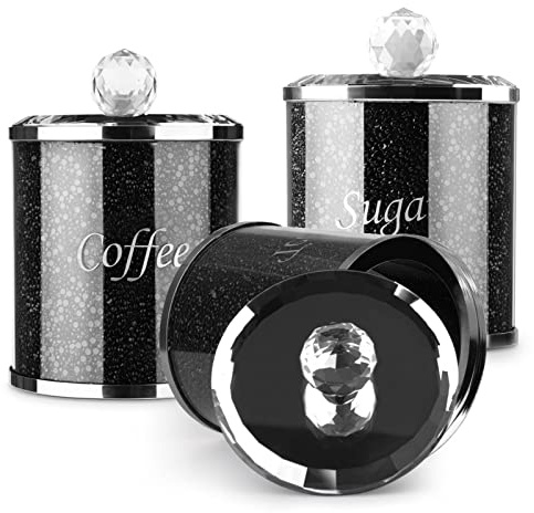 CROWNSHOP 3pcs Sugar Canisters Jars Diamond Crushed Crystal Filled Easy Clean with Lid Containers for Jam Tea Coffee Beans Cookie Snack Flour Sugar(Black)