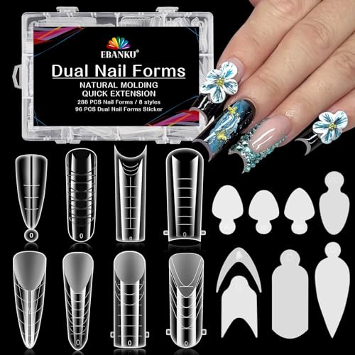 EBANKU 288 ST Nagelformar av polygel, återanvändbara dubbla former för nagelform av polygel Nagelförlängning i akryl med 96 st nagelformade klistermärken för nagelmanikyr för hemmasalong (8 stilar)