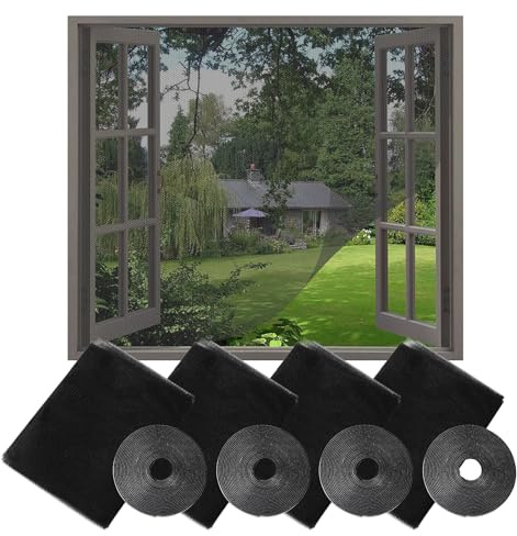4 Stück Fliegengitternetze für Fenster, 130x150cm Moskitonetze für Fenster, Moskitonetz Fenster, mit 4 Rollen Selbstklebeband, Hält, Käfer, Fliegen, Mücken Draußen