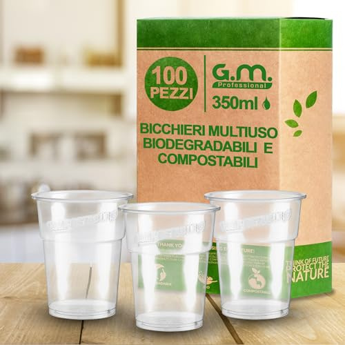 G.M. DISTRIBUZIONE GM 100 Bicchieri Kristal Biodegradabili e Compostabili 350 ml Trasparenti, Rigidi e Resistenti, per Frappè, Granita, Frutta, Cocktail, Drink e Bevande Fredde