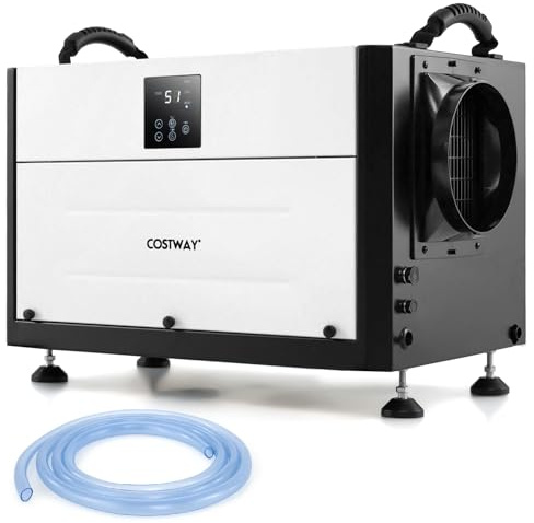 COSTWAY 70L/Day Commercial Dehumidifier, Industrial Compressor Dehumidifiers with Auto/Continuously Dry/Sleep Mode, 24H Timer, Auto Defrost, Memory Starting, LED Display & Drain Hose (White, 70L/Day)