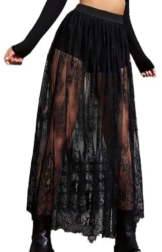 Jupe en maille pour femmes, jupe longue gothique avec shorts, jupe sexy en dentelle taille haute steampunk transparente avec fente, jupe rave à la mode pour festival et fête, jupe en dentelle pour