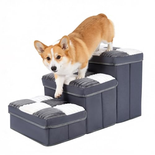 Hundetreppe mit Stauraum, faltbare Hundetreppe für Bett mit weichem Bezug, leicht, 3-stufige Haustiertreppe bis zu 31,8 kg, rutschfeste Welpentreppe für kleine, mittelgroße Hunde, Welpen, Katzen, Grau