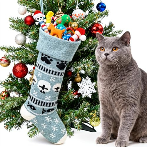 Summerdate Haustier-Weihnachtsstrümpfe 46cm, Große Gestrickte Socken für Hunde und Katzen, Hängende Kamin-Deko Xmas Deko (Himmelblau)